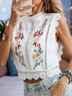 🌻 Floerns floral embroidered lace trim crop blouse – boho chic top